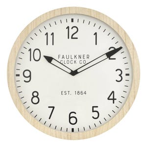 Round wall clock with a natural wood frame, black numerals, and hands, featuring \“Faulkner Clock Co.\“ and \“Est. 1864\“ on the face.