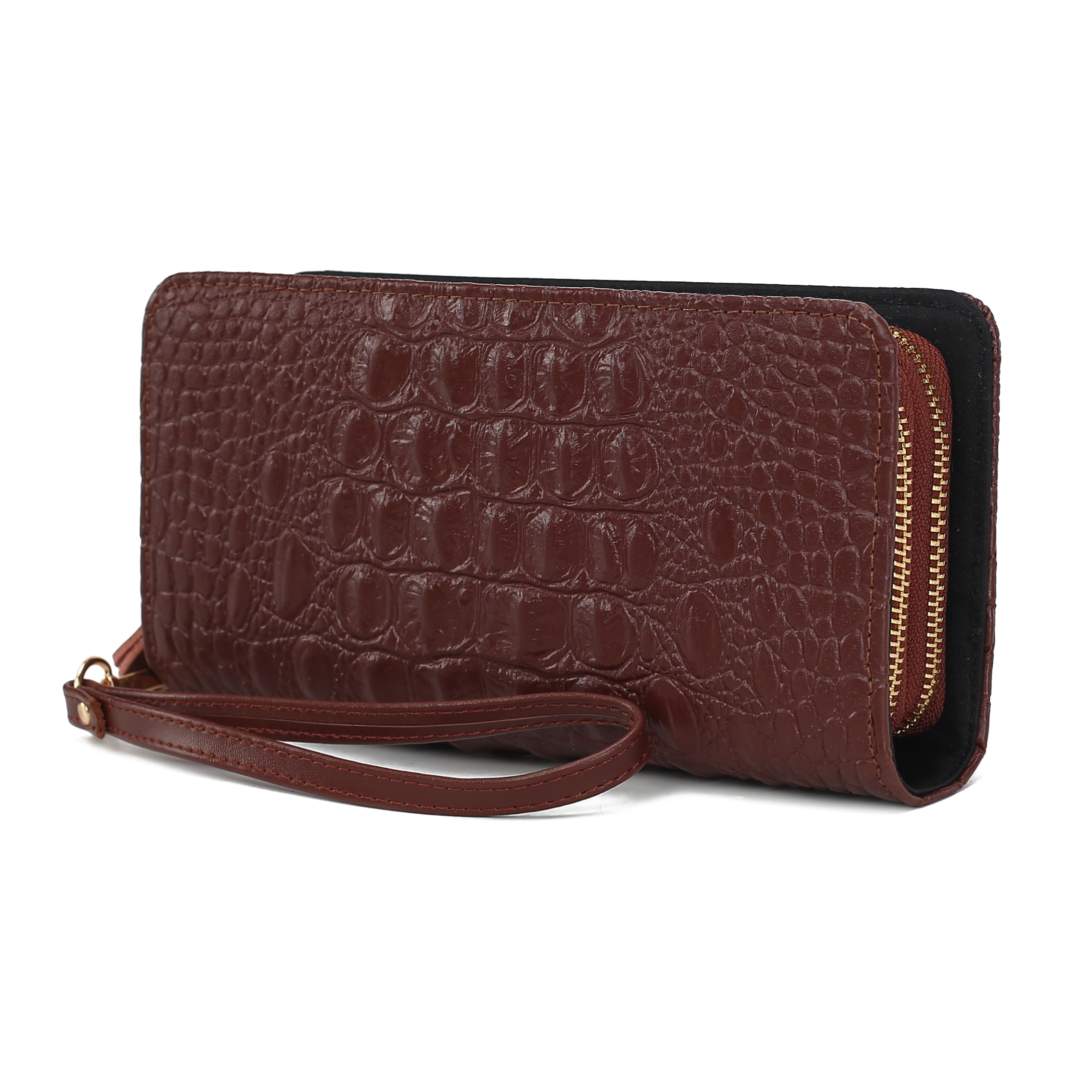 Brown leather clutch with crocodile texture, featuring a gold zipper and detachable wrist strap.