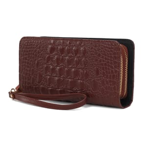 Brown leather clutch with crocodile texture, featuring a gold zipper and detachable wrist strap.