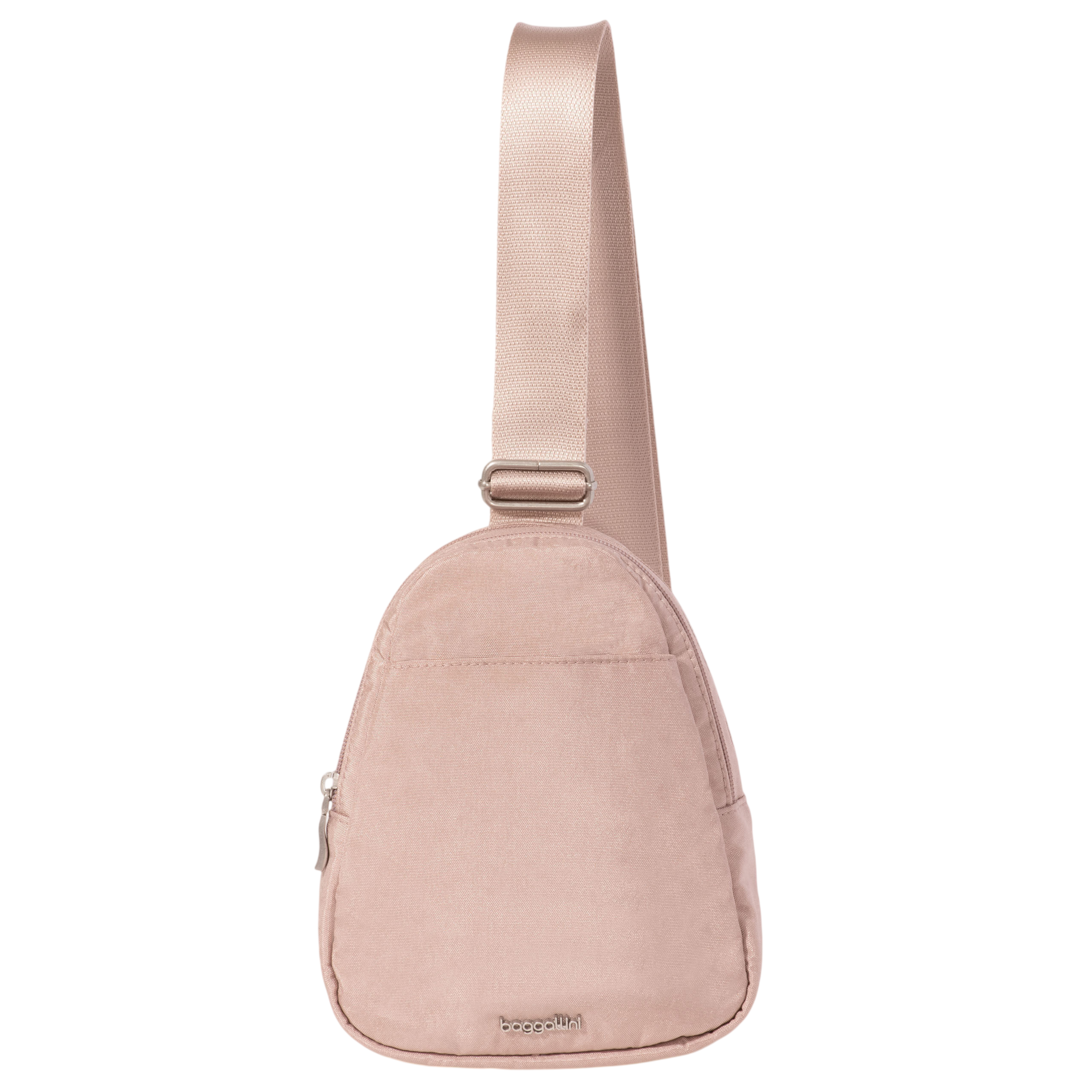 A blush pink crossbody sling bag with a single strap and a zippered front pocket.