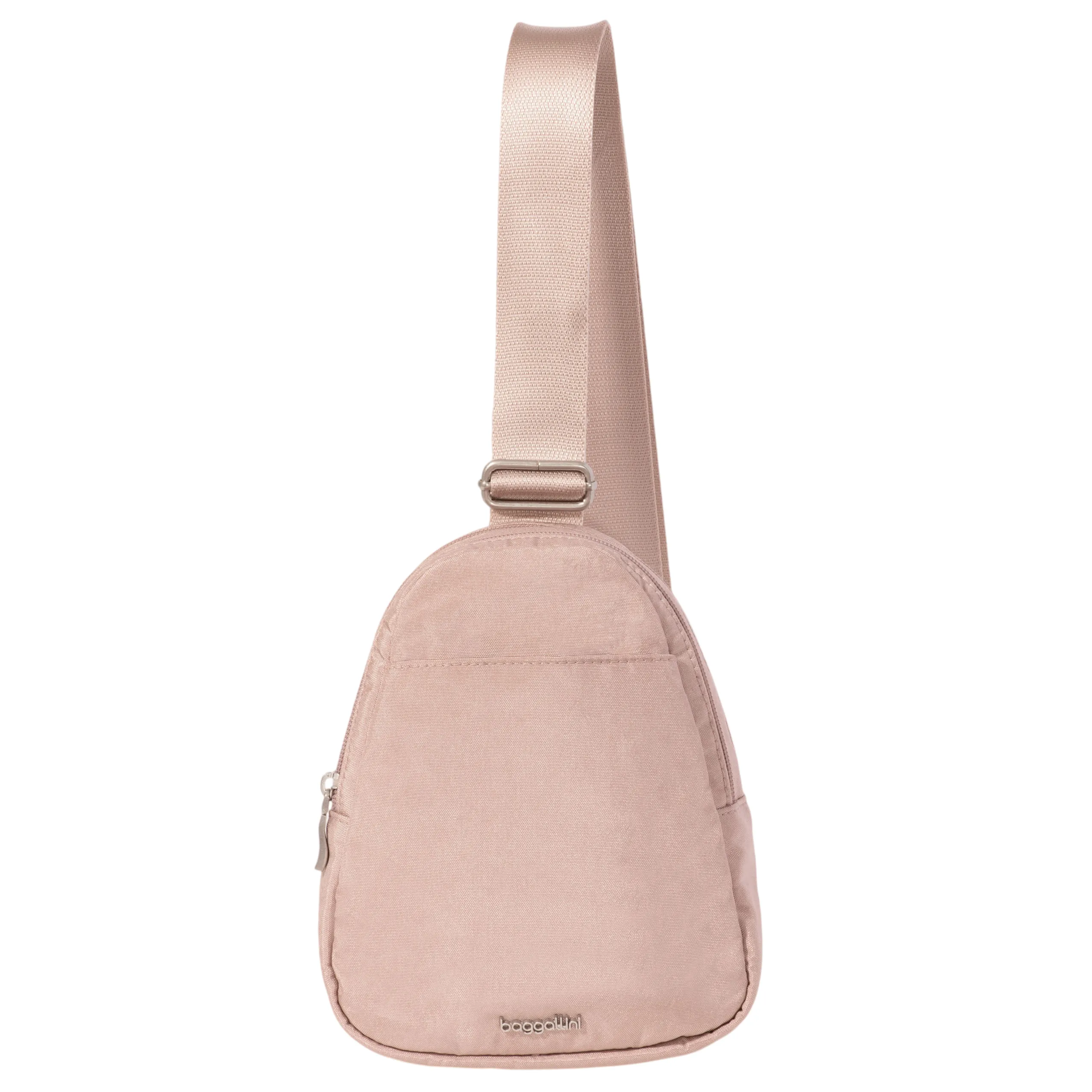 A blush pink crossbody sling bag with a single strap and a zippered front pocket.