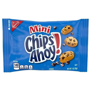 Mini Chips Ahoy! cookies in a blue Nabisco package, 1 oz (28g), with 140 calories per pack.