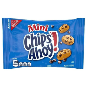 Mini Chips Ahoy! cookies in a blue Nabisco package, 1 oz (28g), with 140 calories per pack.