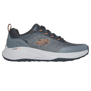 Gray athletic shoes with orange accents, featuring a breathable mesh upper, Skechers logo, and a chunky, sculpted white sole.