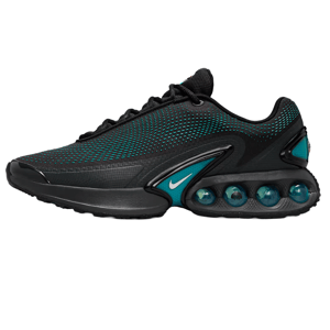 Black and teal athletic sneaker with a visible air cushioning system and a small white swoosh logo.