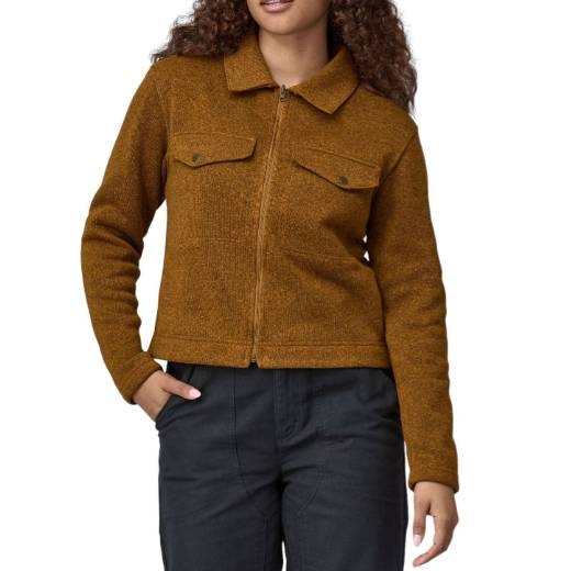 Brown zippered jacket with a collared neck, two flap chest pockets, and long sleeves, made from textured fabric.