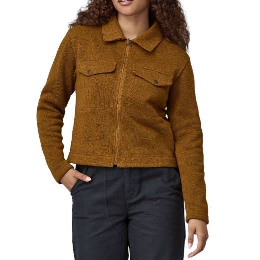 Brown zippered jacket with a collared neck, two flap chest pockets, and long sleeves, made from textured fabric.