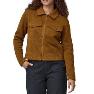 Brown zippered jacket with a collared neck, two flap chest pockets, and long sleeves, made from textured fabric.