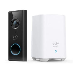 Eufy 2K Video Doorbell: a sleek black doorbell with a camera and blue ring, paired with a white Homebase unit for security and connectivity.
