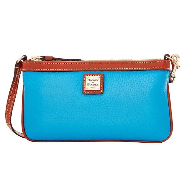 A bright blue leather wristlet bag with brown accents and a detachable strap, featuring the Dooney & Bourke logo.