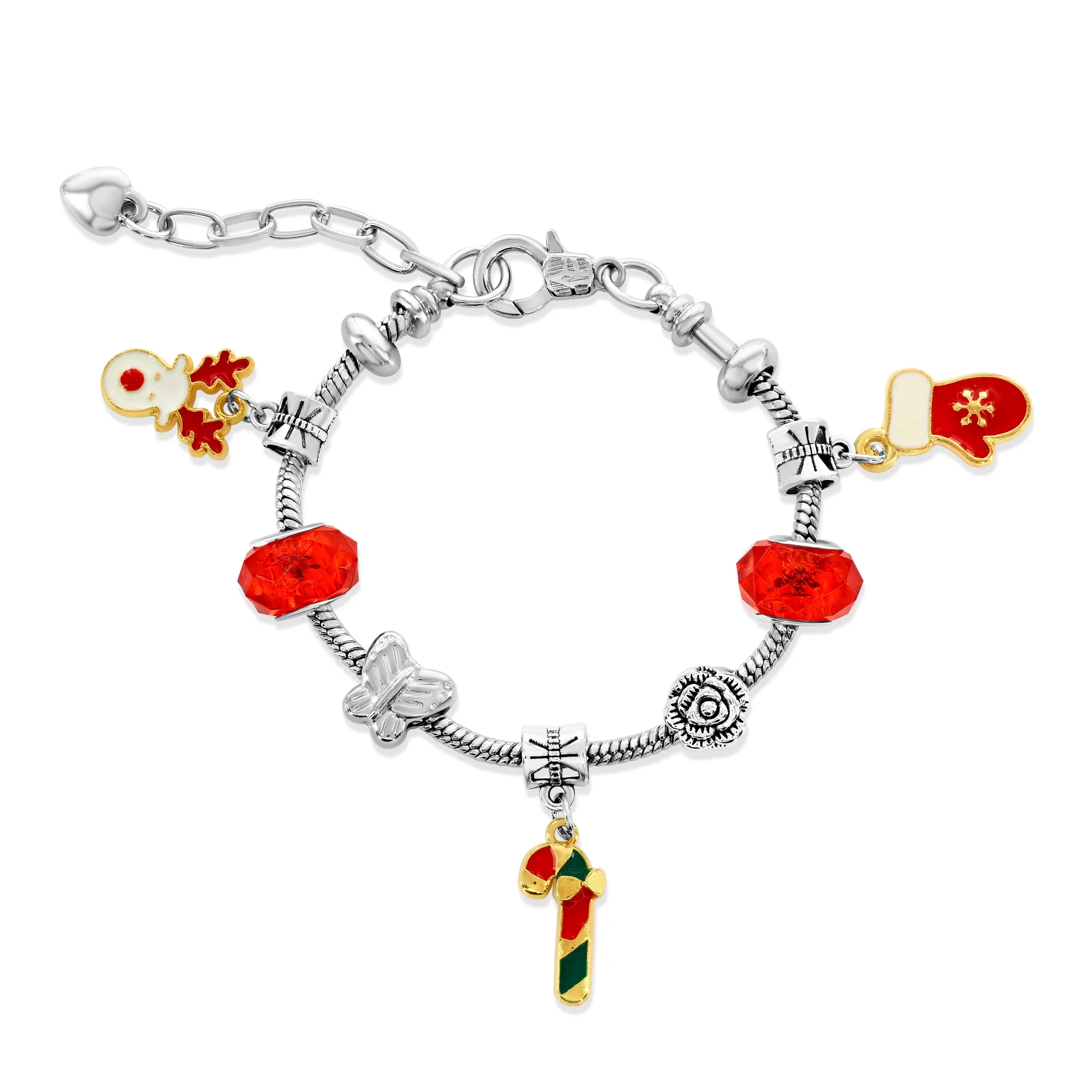 A silver charm bracelet features red and green holiday-themed charms, including a snowman, mitten, and candy cane, with red gemstone accents.
