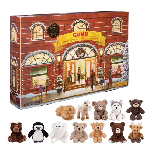 A brown advent calendar box with a variety of plush animals