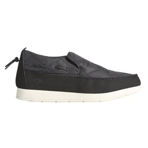 Sperry Moc-Sider Slip On Shoes feature a quilted black upper with a cushioned interior, white sole, and drawstring detail at the heel for a snug fit.