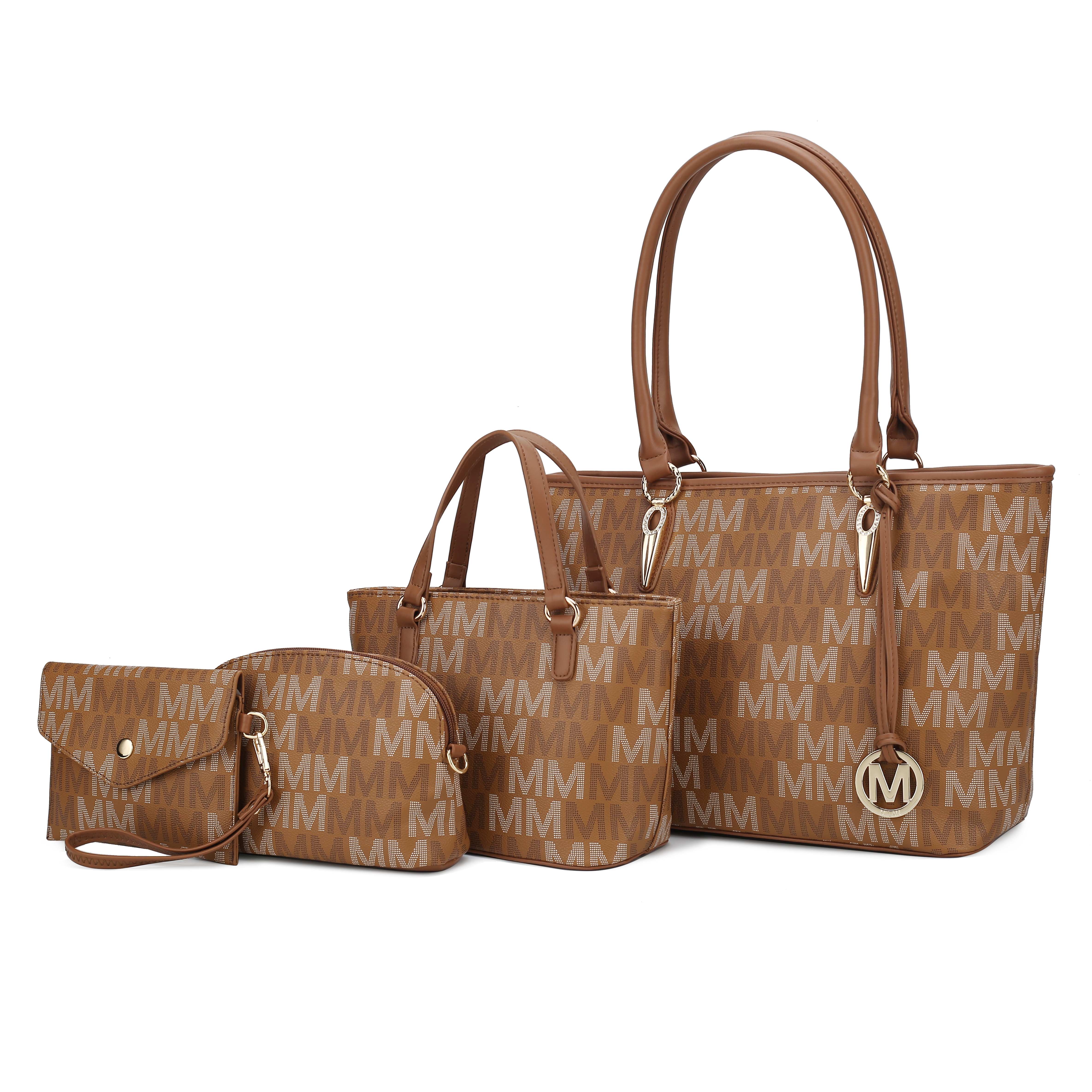 A set of four brown handbags with \“MM\“ monogram design, featuring a large tote, smaller handbag, clutch, and pouch, all with matching handles and gold accents.