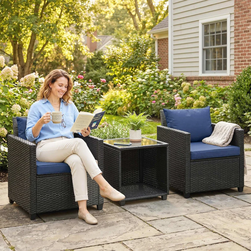 Outdoor seating set with dark wicker chairs featuring blue cushions, a glass-top side table, and a potted plant, set on a patio. A person is enjoying a book and a cup of coffee.