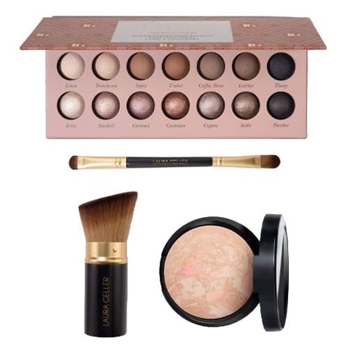 Laura Geller makeup set including an eyeshadow palette with 14 shades, a double-ended eyeshadow brush, and a compact with baked foundation and a kabuki brush for application.