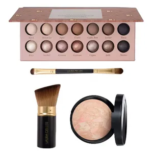 Laura Geller makeup set including an eyeshadow palette with 14 shades, a double-ended eyeshadow brush, and a compact with baked foundation and a kabuki brush for application.
