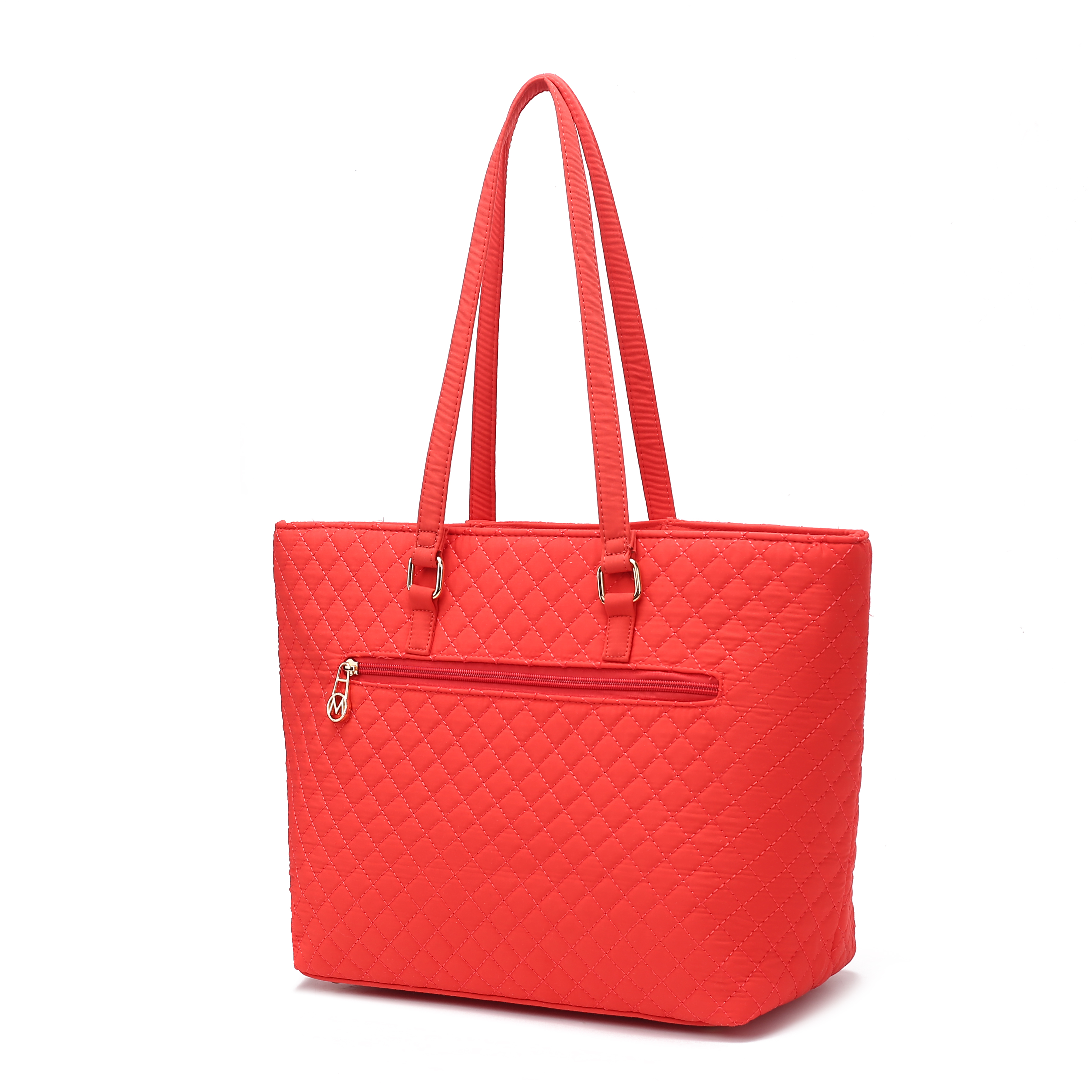 A bright red quilted tote bag with long handles and an external zippered pocket, featuring a sleek, rectangular design.