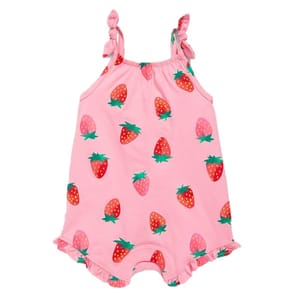 Pink baby romper with strawberry print, featuring tie straps and frilled edges.