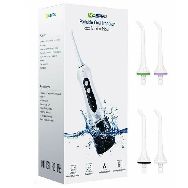 MOSPRO Portable Oral Irrigator with interchangeable nozzles, designed for dental hygiene. Features include easy cleaning, 360° rotation, IPX7 waterproofing, and a rechargeable battery.