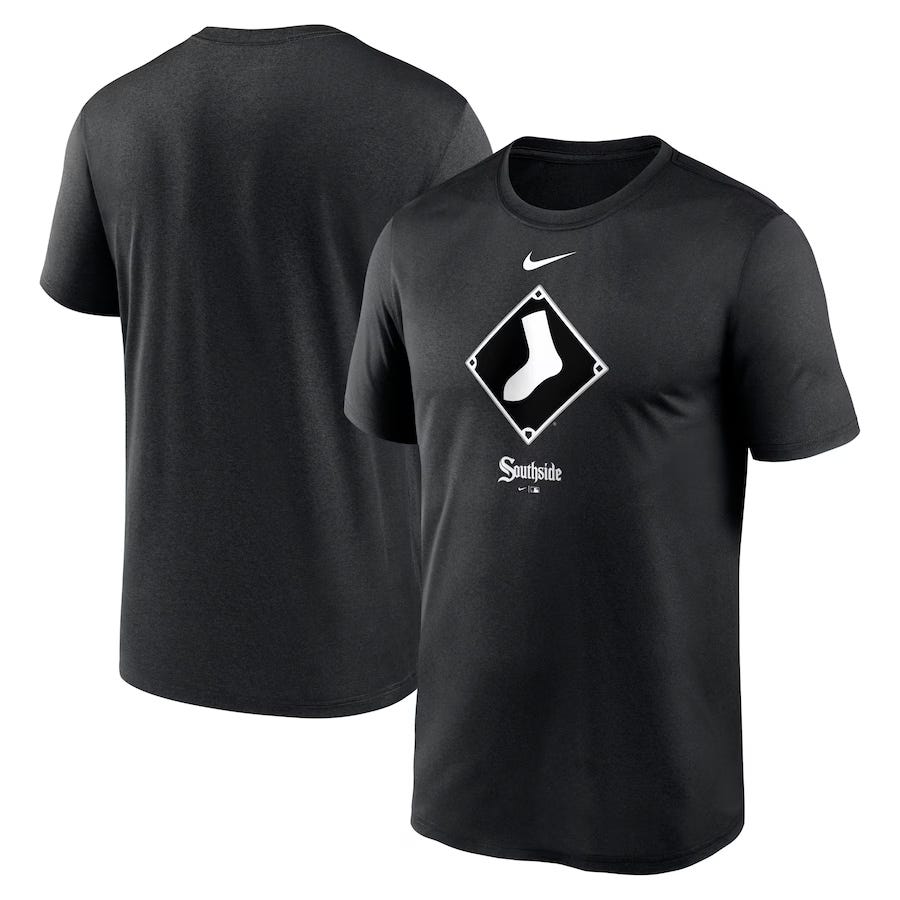 Black Nike t-shirt with a white sock in a diamond graphic and \“Southside\“ text beneath. The t-shirt has a simple design with front and back views shown.