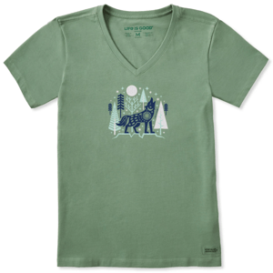 Green V-neck t-shirt featuring a graphic of a wolf in a forest with trees and stars.