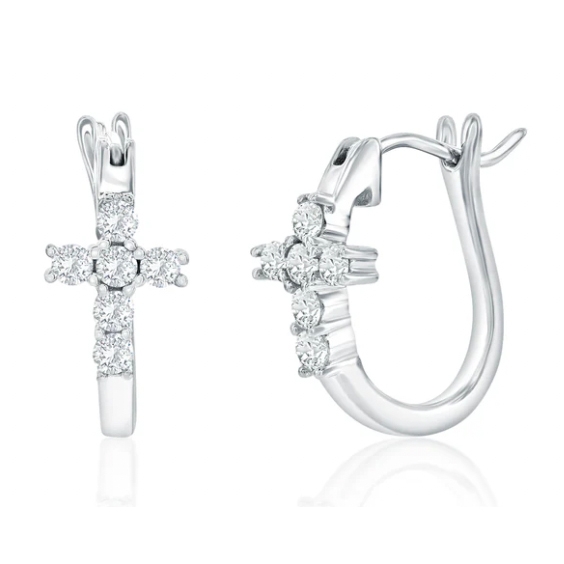 Silver hoop earrings featuring a cross design adorned with sparkling crystals.
