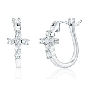 Silver hoop earrings featuring a cross design adorned with sparkling crystals.