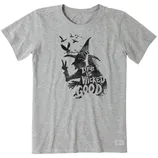 A gray t-shirt featuring a black silhouette of a witch with birds and the text \“Life is Wicked Good.\“