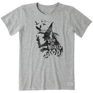A gray t-shirt featuring a black silhouette of a witch with birds and the text \“Life is Wicked Good.\“
