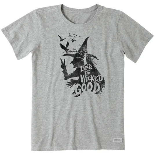 A gray t-shirt featuring a black silhouette of a witch with birds and the text \“Life is Wicked Good.\“