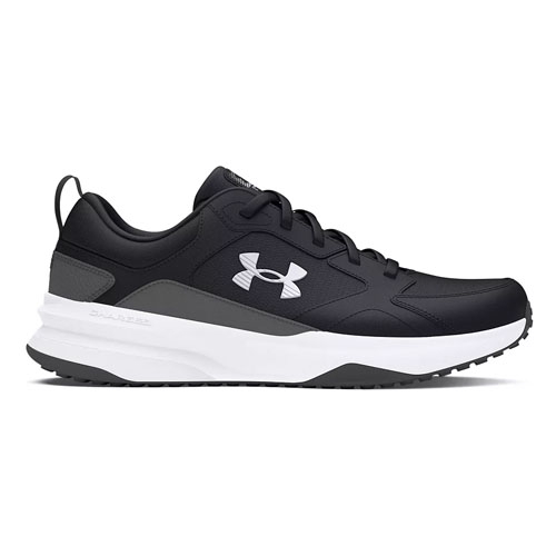 Black and white athletic shoe with a white sole and black upper. Features a prominent logo on the side.