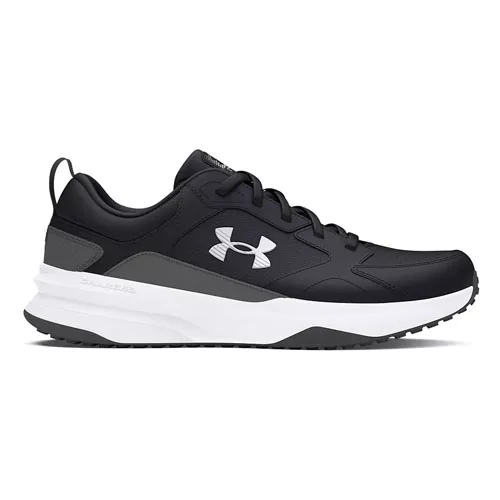 Black and white athletic shoe with a white sole and black upper. Features a prominent logo on the side.