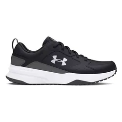 Black and white athletic shoe with a white sole and black upper. Features a prominent logo on the side.