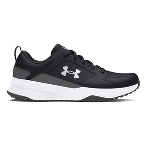Black and white athletic shoe with a white sole and black upper. Features a prominent logo on the side.