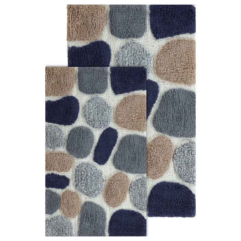 2-piece pebble-inspired bathroom rug set features a pattern of textured, stone-like shapes in blue, gray, and beige tones.