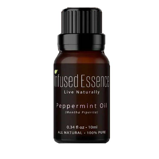Infused Essence Peppermint Oil, 0.34 fl oz (10 ml), labeled as all natural and 100% pure.