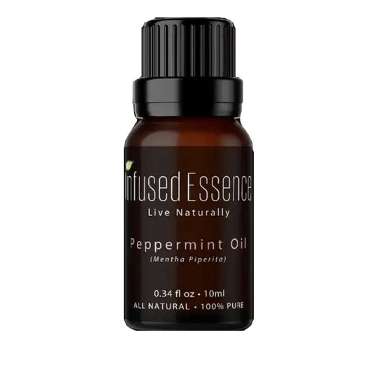 Infused Essence Peppermint Oil, 0.34 fl oz (10 ml), labeled as all natural and 100% pure.