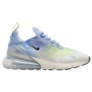 Nike Air Max 270 sneaker in a gradient blue and green colorway, featuring a large air cushion heel and a sleek, modern design.