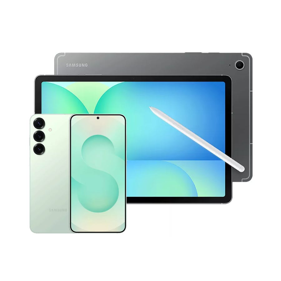 Samsung smartphone, tablet, and stylus.