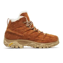 Brown high-top hiking boot with suede exterior, shearling lining, and Vibram sole. The boot features Merrell branding and rugged treads for traction.