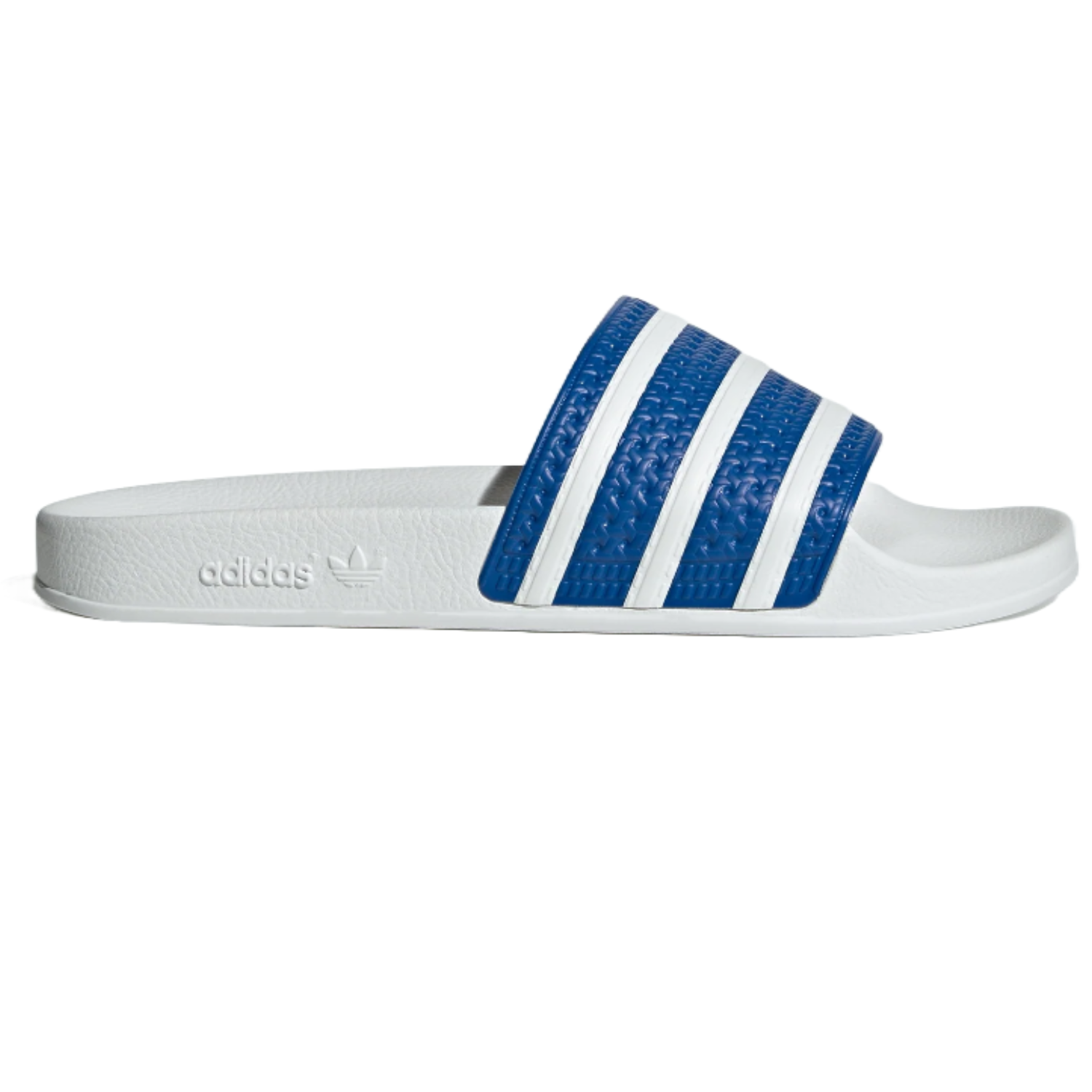Adidas Men's Adilette Slides feature a blue band with three white stripes and a textured sole. The slide has \“adidas\“ branding on the side of the white footbed.