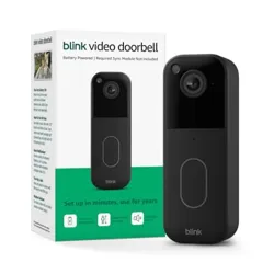 Blink Video Doorbell, battery-powered, requiring a Sync Module (not included), displayed next to its packaging, features easy setup, and long-term use.