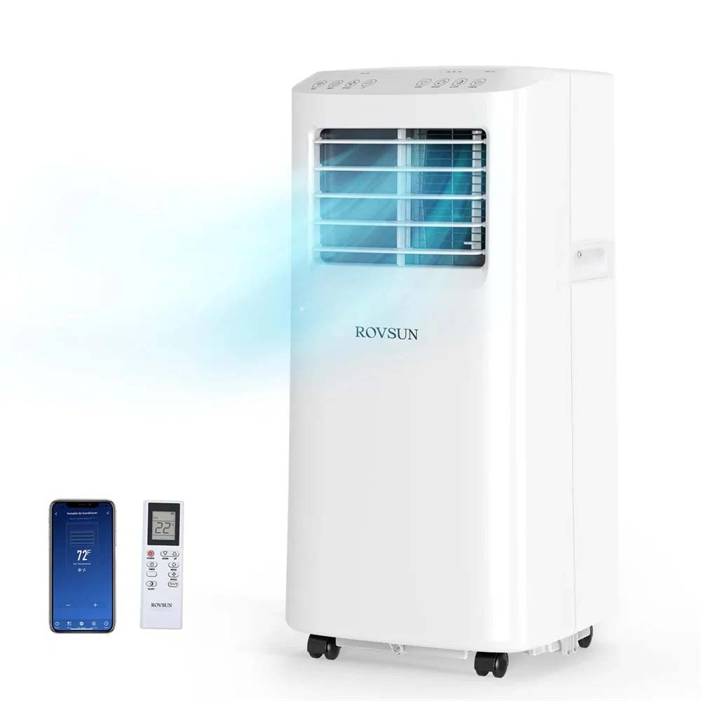 Portable air conditioner with \“ROVSUN\“ branding, featuring remote control and smartphone integration.