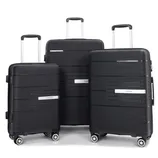 Three black suitcases in varying sizes with telescopic handles and spinner wheels, featuring horizontal grooves and a metallic brand plate reading \“Travelhouse.\“