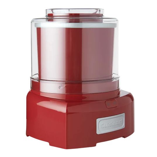 A red Cuisinart ice cream maker with a clear lid and a solid base, designed for home use to prepare frozen desserts.