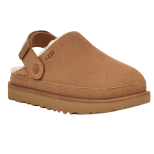 Brown UGG slipper with a shearling lining, adjustable heel strap, and rubber sole for comfort and support.