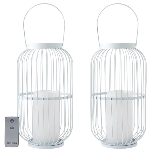 Pair of white wire lanterns with built-in candles and a remote control.