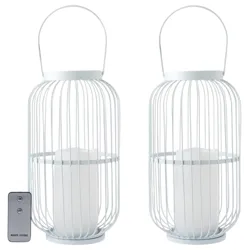 Pair of white wire lanterns with built-in candles and a remote control.