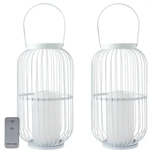 Pair of white wire lanterns with built-in candles and a remote control.